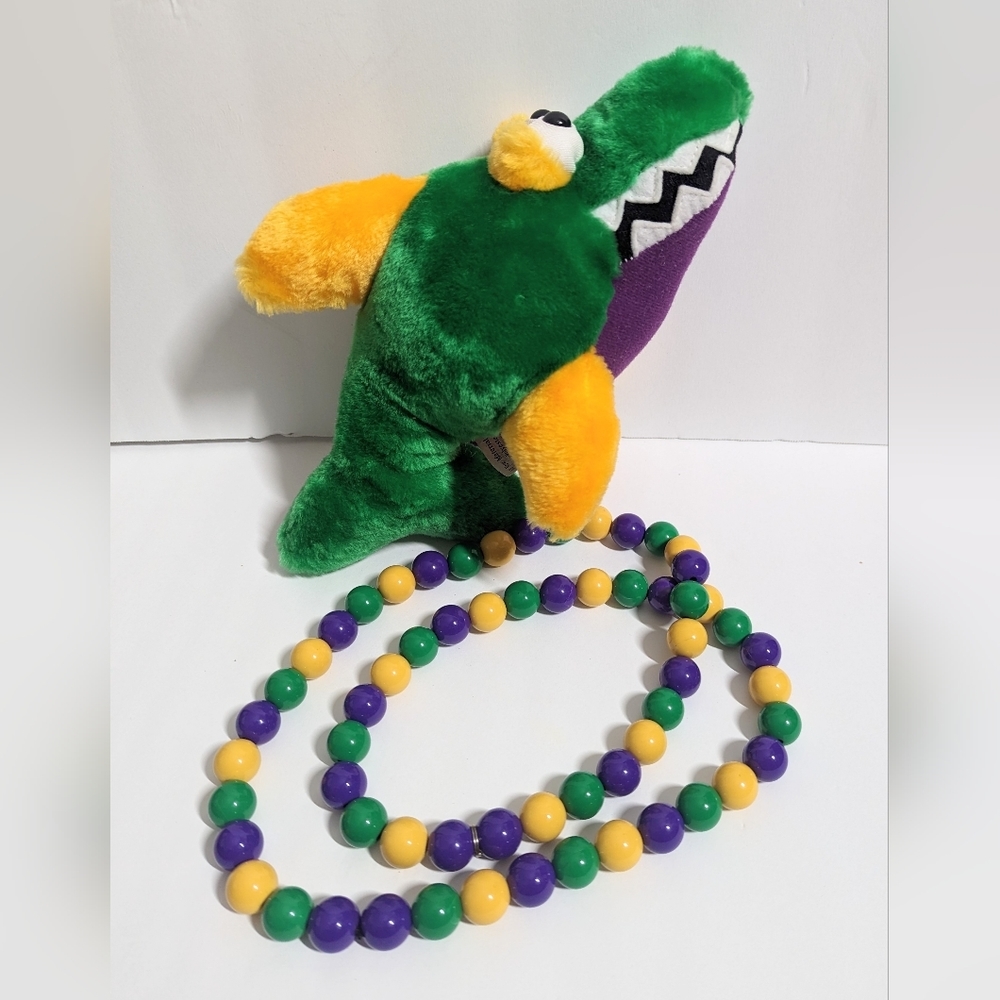 Toy Works Mardi Gras Shark Plush Toy  "let the good times roll" With Beads